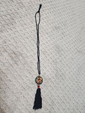 Vintage Cloisonne Black, Floral & Brass Medallion Pendant Necklace With Tassel